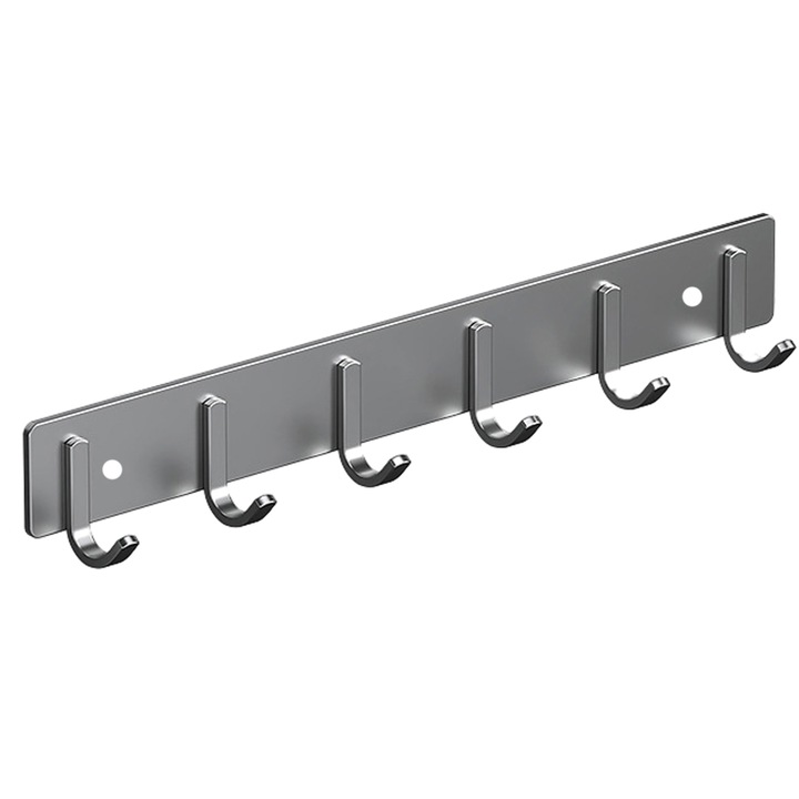 Cuier usa, Hggzeg, Cu 6 carlige, Capacitate de incarcare 10kg, Gaurire sau autoadezive, Rezistente la apa si umezeala, Constructie solida, Pentru paltoane, palarii, genti, hol, baie, sufragerie, Metal, 410mmx40mm, Gri
