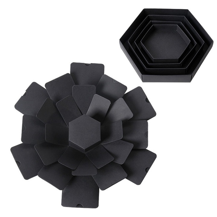 Album foto personalizat, tip surpriza, 19 forme hexagonale pentru poze, model cutie de cadou, culoare neagra