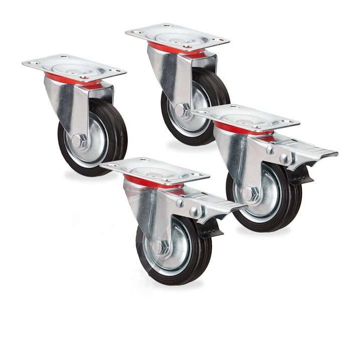 Set de 4 roti pentru transporturi grele, pivotante, rulmenti cu bile, 2 rotile cu frana, capacitate de incarcare de pana la 200 kg, Ø75 mm, negru/argintiu