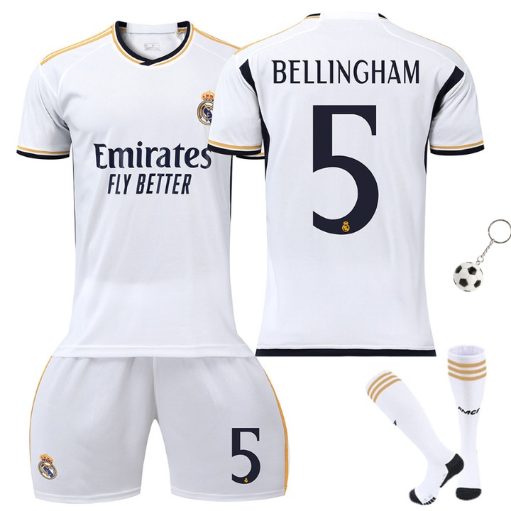 Детско спортно облекло Футболна фланелка Real Madrid Bellingham, Party Chili®, Ден на детето, Сезон 2023/2024, Полиестер, Бяла, Бял