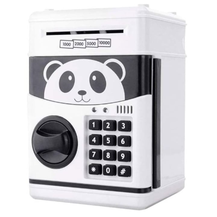 Pusculita interactiva cu functie cod PIN tip seif, model Panda, 15x15x21 cm, coshop®, alb