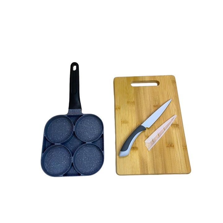 Pachet promo: Tigaie compartimentata 17 cm + Tocator din bambus 30 x 20 cm + Cutit de bucatarie cu lama de 13 cm