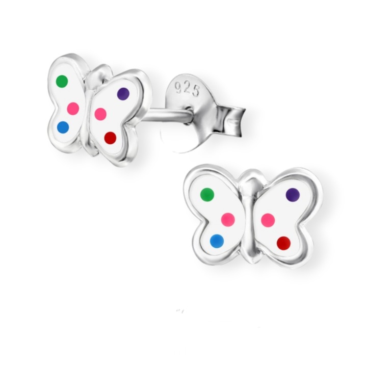 Сребърни обеци за деца, цветни пеперуди