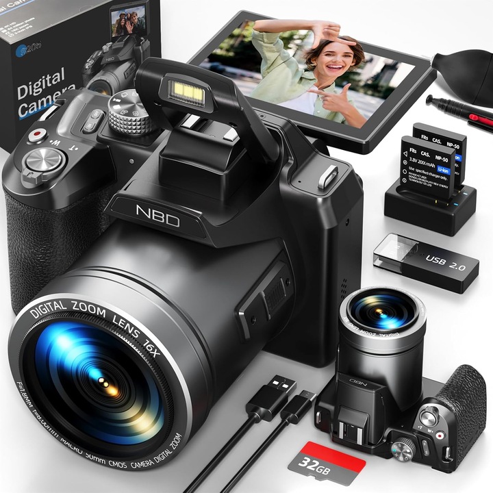 Aparat foto Digital NBD®, 3.0 inch IPS, 5K, 64MP, 32GB SD Card, 16X Digital Zoom, Negru
