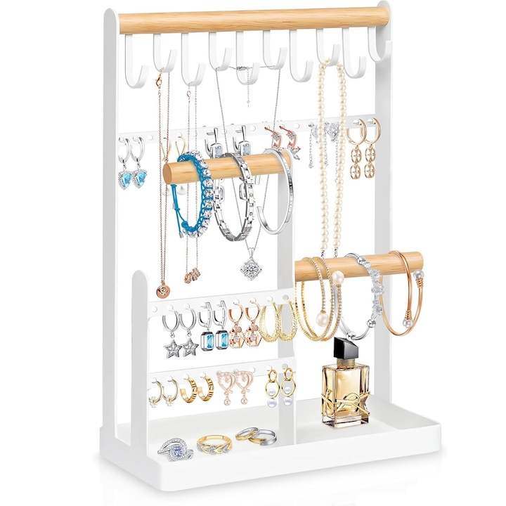 Suport bijuterii, Axroad Mall, Cu 10 carlige, Compact, Convenabil de utilizat, Impermeabil, Rezistent la uzura, Solid, Pentru inele, ceasuri, lantisoare, cercei, Metal/Lemn, 20x10x32cm, Alb/Natur