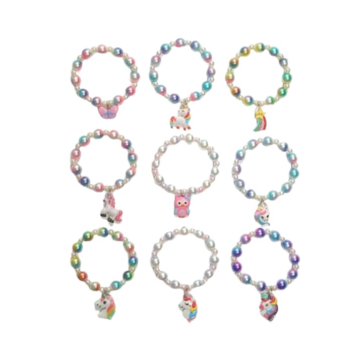 Set 9 bratari pentru copii, fetite, diferite modele din margele, elastic, charm-uri animate cu unicorni, fluturi, Tessero