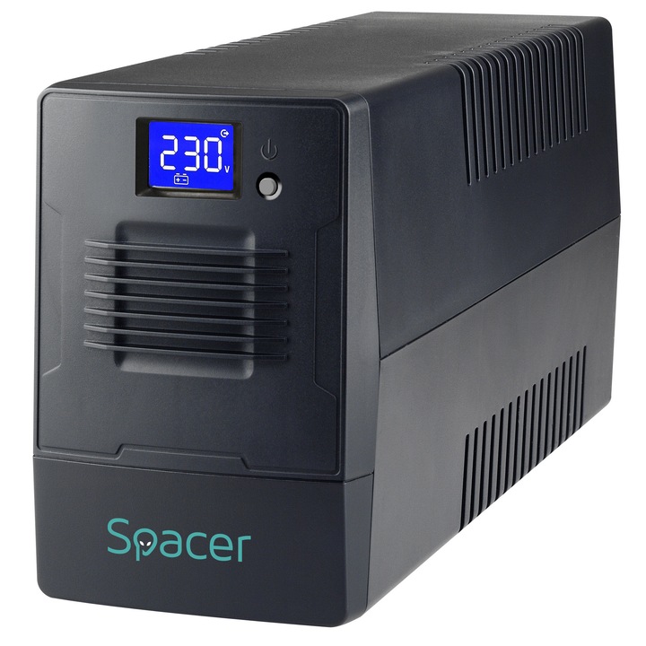 UPS Spacer Line Interactive SPUP-600D-LIT01 600VA/360W, AVR, 2 контакта Schuko, LCD дисплей, 12V/7Ah батерия, USB конектор, RJ11/RJ45 комбо