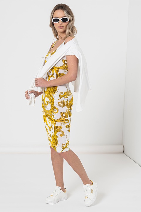 Versace Jeans Couture, Barokkos mintájú rugalmas bodycon fazonú ruha, Fehér/Sárga