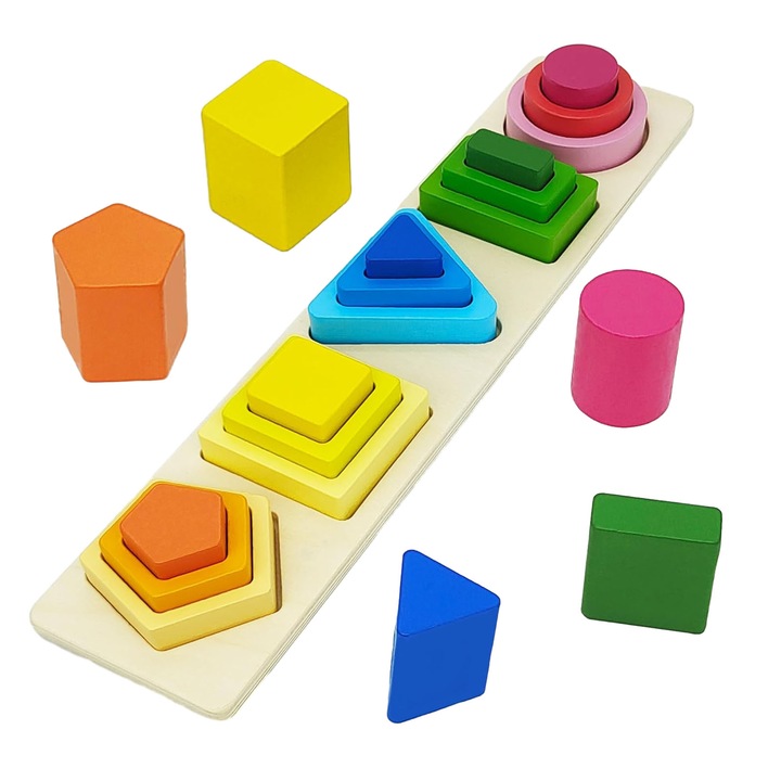 Jucarie educativa din lemn pentru copii, Axroad Mall, 5 forme geometrice, 5 coloane de sortare a culorii, Dezvoltarea multisenzoriala, Exersati gandirea si coordonarea mana-ochi a copilului dumneavoastra, 29*6.2 cm, Multicolor