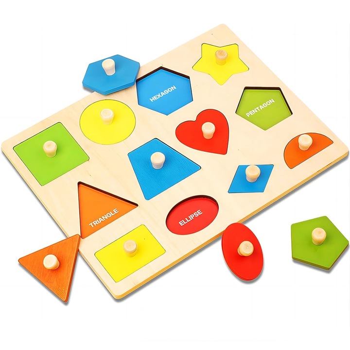 Jucarie educativa pentru copii, Axroad Mall, 12 forme geometrice, Puzzle, Dezvoltarea multisenzoriala, Usor de prins, Exersati abilitatile practice si de observare ale copilului, Lemn, 30*20 cm, Multicolor