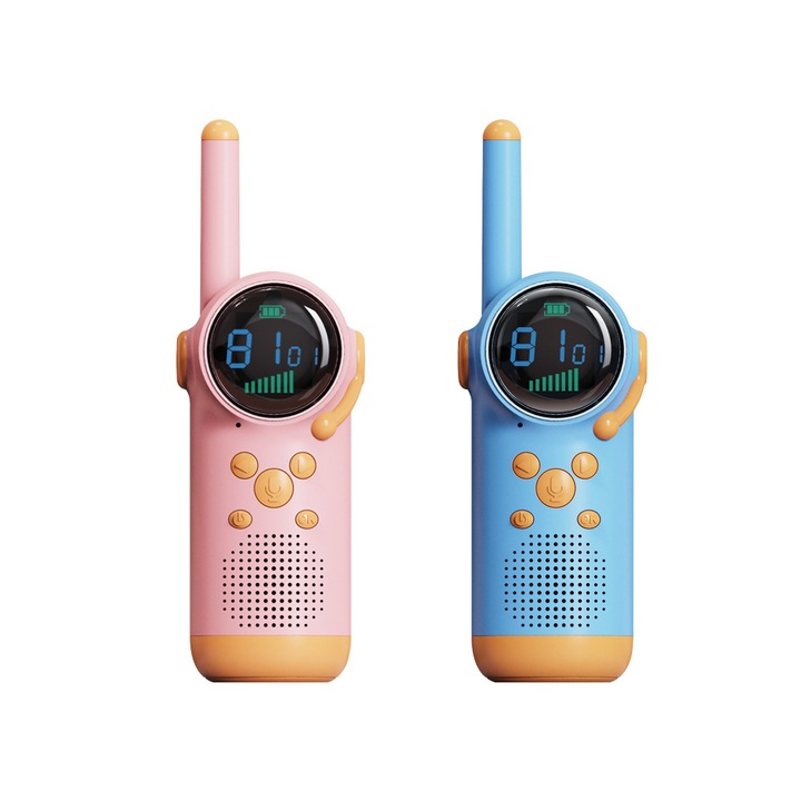 Set 2 Statie radio, Aiorber, set pentru parinti si copii, raza de actiune de 3 km prin pereti, apel cu o singura apasare, baterie de 400 mAh, lanterna incorporata, incarcare directa prin USB, albastru si roz