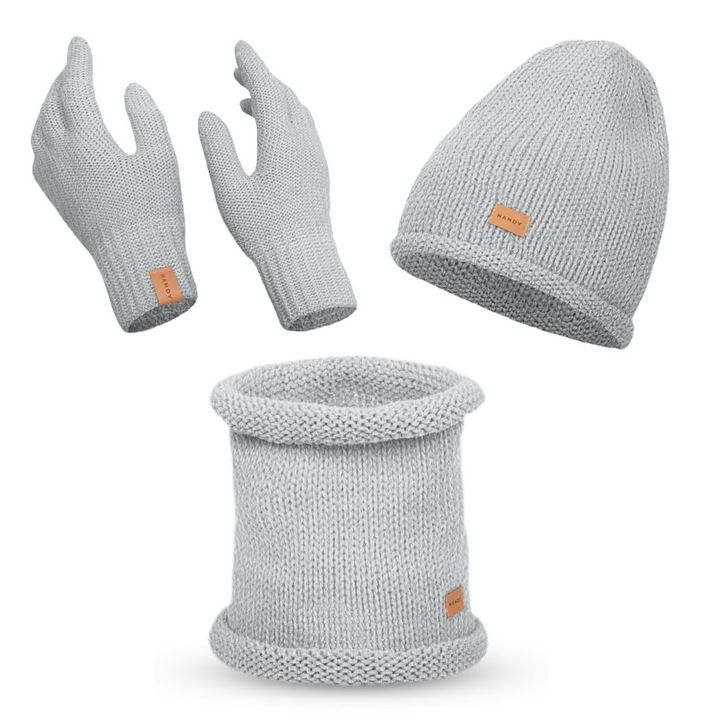 Set Fular circular, Caciula si Manusi, Pentru Femei, Nandy, Gri, One-Size