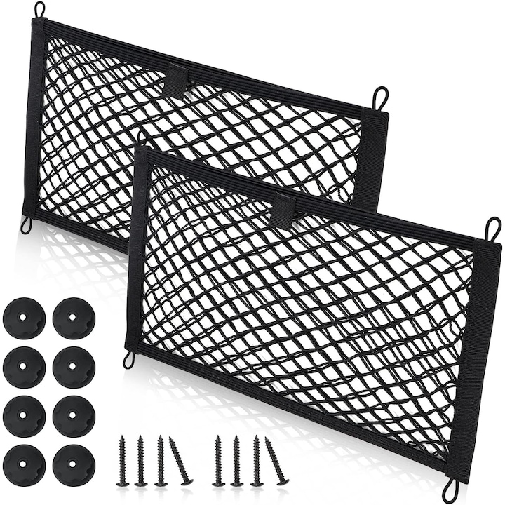 Set 2 Plasa elastica, JENUOS®, organizator portbagaj tip buzunar 45cm x 25cm, negru
