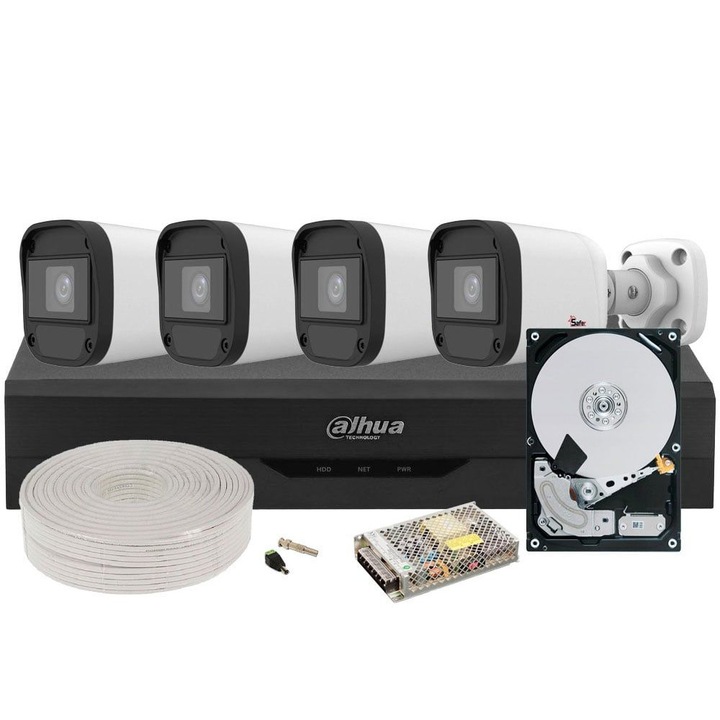 Kit complet supraveghere video, 4 Camere 2 MP, IR 20 m, HDD 1TB, DVR 4 canale Dahua KIT-DAH-4x2MP30I3-COMPLET