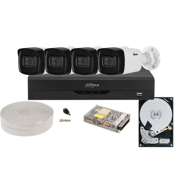 Kit supraveghere complet, 4 camere Full HD, DVR 4 canale cu AI, HDD, - GATA DE INSTALARE, KITSAF2MPSAF-M-1TB
