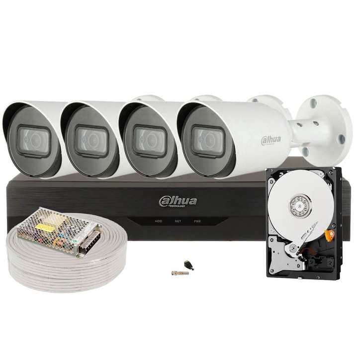 Kit complet supraveghere video, DVR, 4 camere, 5MP, lentila 2.8mm, IR 30 metri, HDD 2TB, Dahua, KITDAH5MP40EXTACC-2TBW