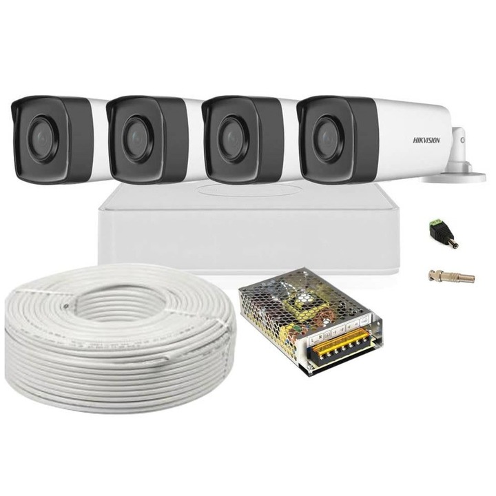 Kit Supraveghere, Hikvision, 4 camere de exterior, FullHD, 80m IR