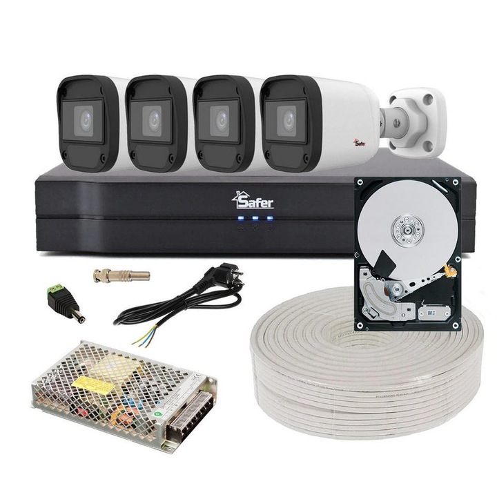 Kit de supraveghere video, 4 camere 5 MP, IR 20 m, DVR 4 canale, accesorii incluse, HDD 2TB Dahua, KITSAF4X-5MP2028UHDD