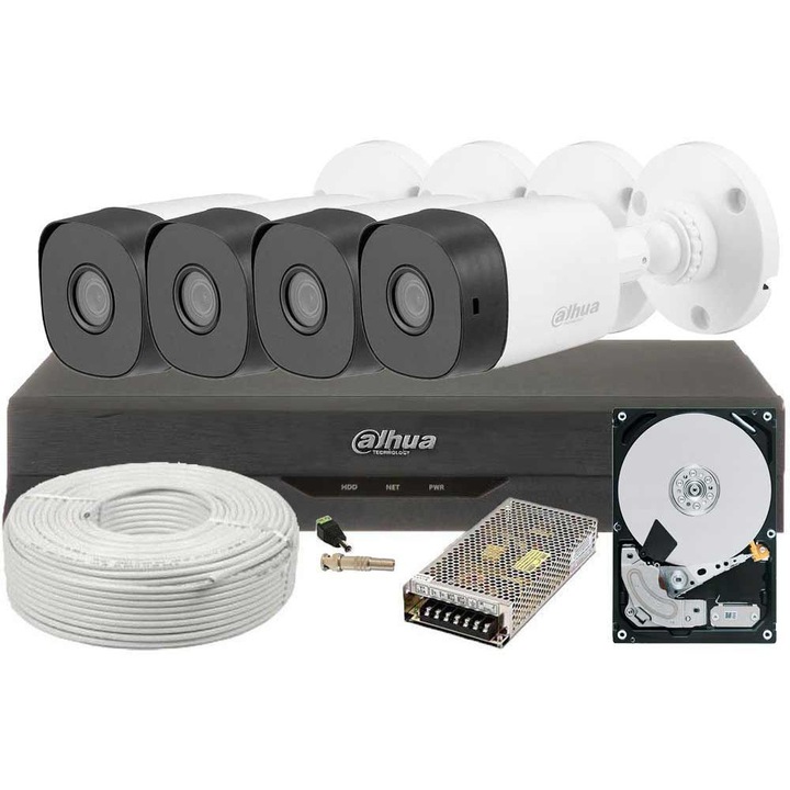 Kit supraveghere video COMPLET, 2 MP Full HD, IR 20m, 2 Terabyte stocare, GATA DE INSTALARE