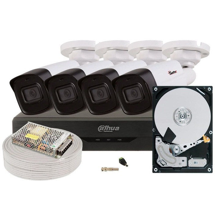 Kit de supraveghere video COMPLET, 4 camere 5 MP, IR 40 m, DVR, accesorii HDD 2TB, Dahua KITSAF-4X-5MP28I40ACC