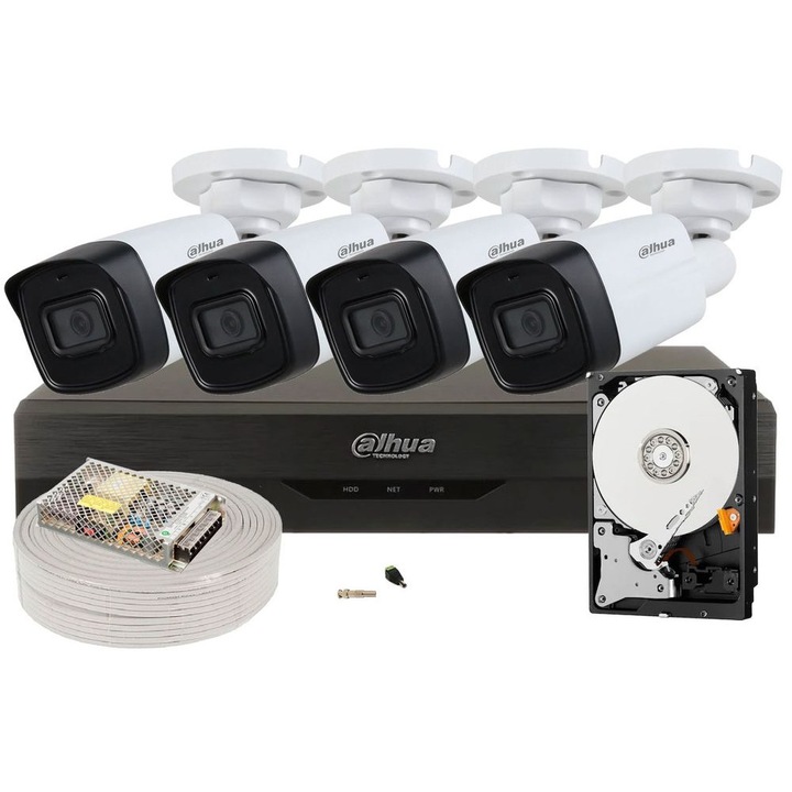 Kit video complet cu 4 camere exterior 5MP, Dvr Dahua, accesorii incluse + HDD 2TB, DH-4E52-2TB-S-TW
