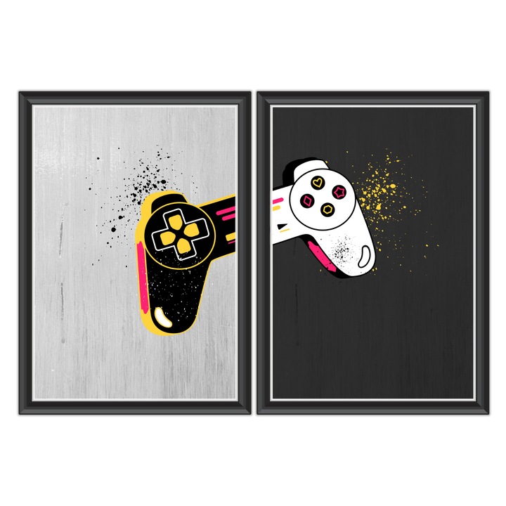 Set 2 tablouri Game controller Nintendo pentru camera copii, Pentru pasionati jocuri, Decorare camera jocuri, Fundal Vintage, Rama Neagra, A3 30x42cm, Print pe hartie foto cartonata mata premium 230g