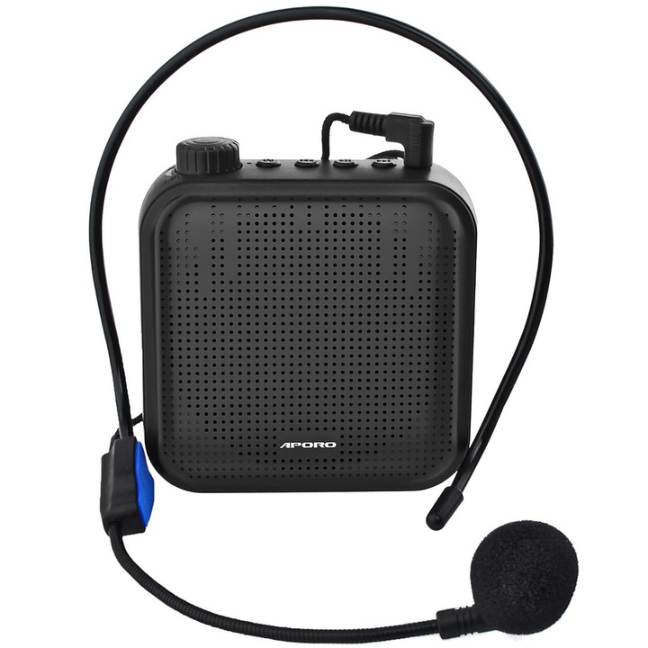 Гласов усилвател, 12 W, 1200 mAh, с кабелен микрофон за учители, екскурзовод, черен