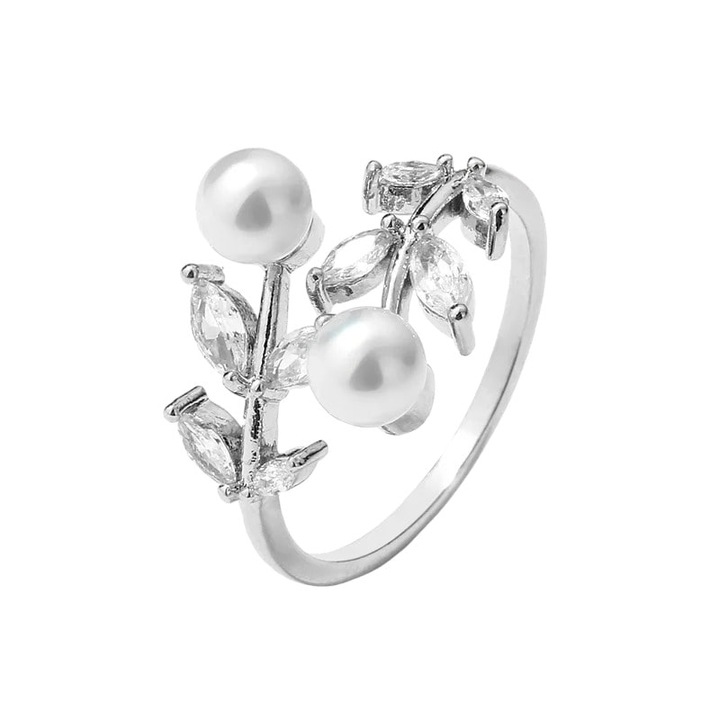 Inel argintiu, reglabil, cu perle si pietre din zirconiu, Naema C6, Pursehuit