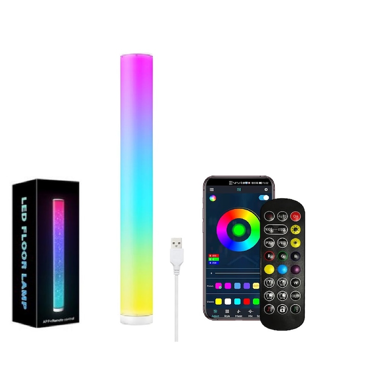 SMART RGB 360 fokos hálószobai lámpa, 2023-as modell, hengeres, 105 cm, USB 5V, Ambient, 16 millió szín, bluetooth APP, zenevezérlés, jelenet mód, dinamikus led, távirányító