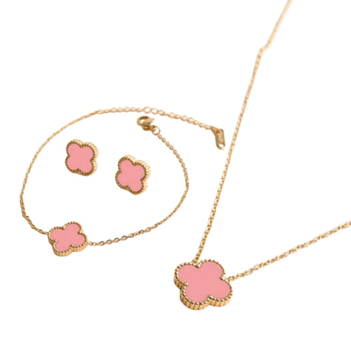Set de bijuterii femei trifoi, colier, cercei, bratara, placat cu aur 18K, roz, set 3 buc