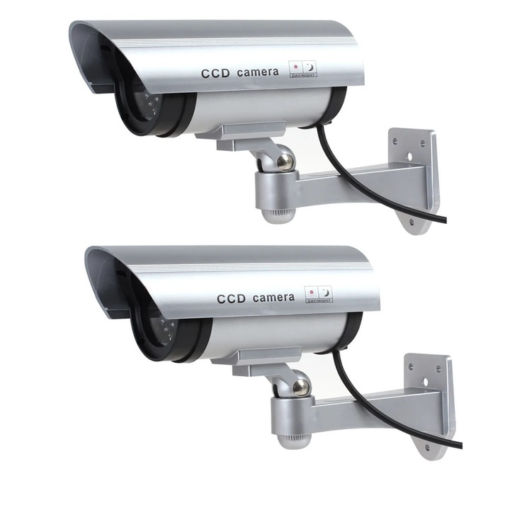 2 x NEXTLY hamis térfigyelő kamera, álkamera készlet kül- és beltérre, villogó piros LED, 360°/90° forgás, vízálló, AA elem, ezüst
