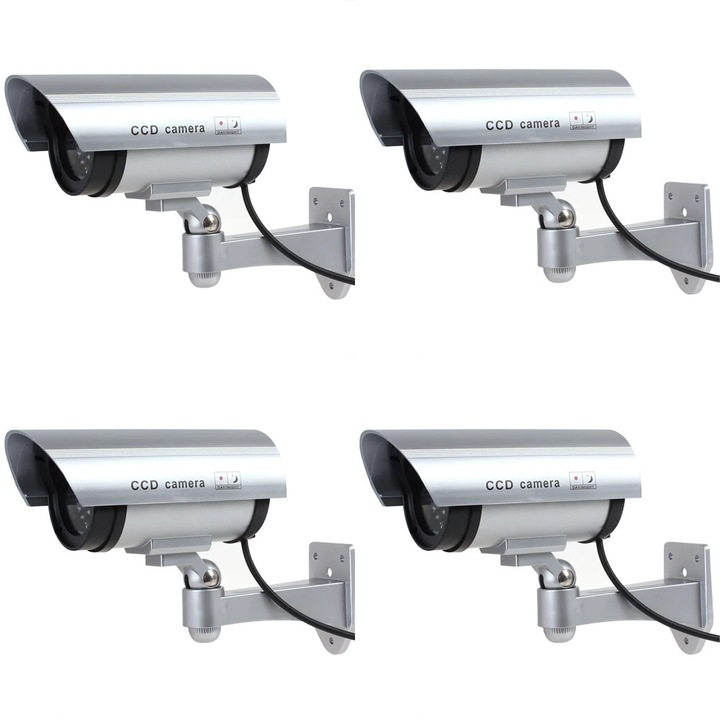 4 x NEXTLY hamis térfigyelő kamera, álkamera készlet kültéri/beltéri használatra, villogó piros LED, 360°/90°-os forgás, vízálló, AA elem, ezüst