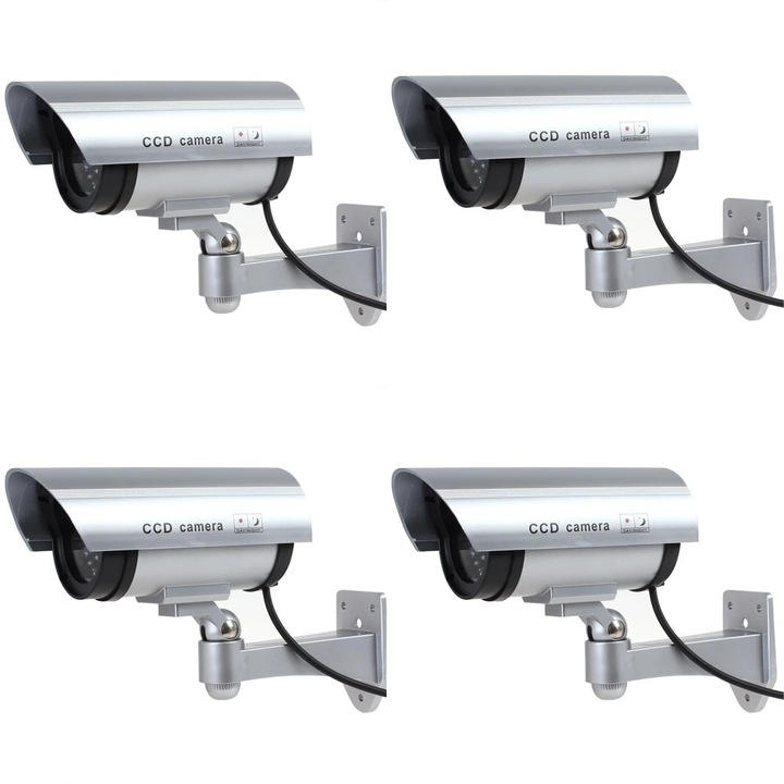 Set 4 x camera de supraveghere falsa NEXTLY pentru exterior/interior, led rosu intermitent, rotire 360°/90°, waterproof, baterii AA, argintiu