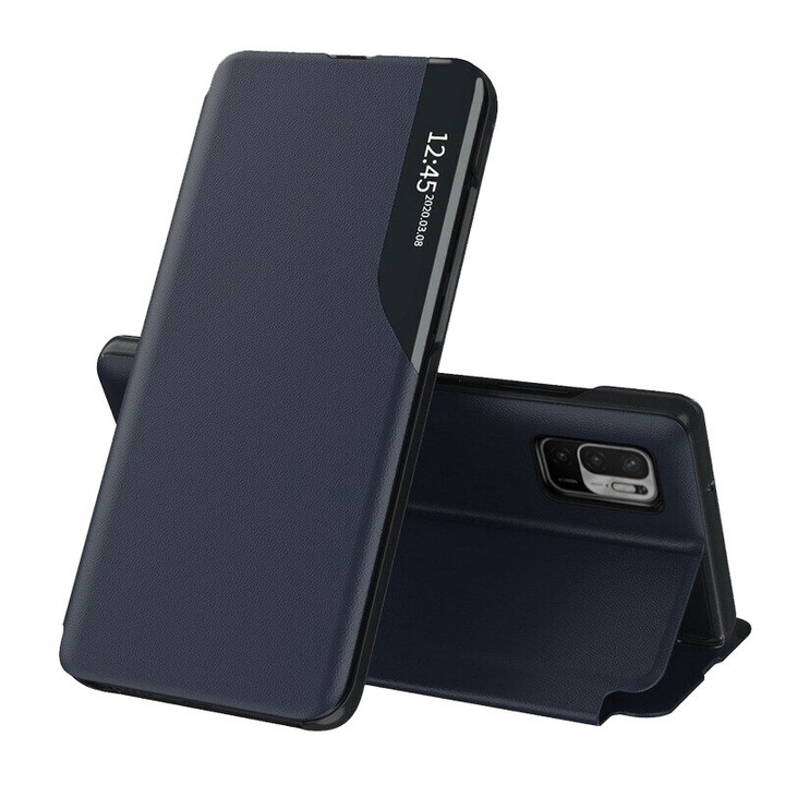 Защитен флип капак, съвместим с Xiaomi Redmi Note 10 5G/Poco M3 Pro 5G, eFold, екологична кожа, тъмно син