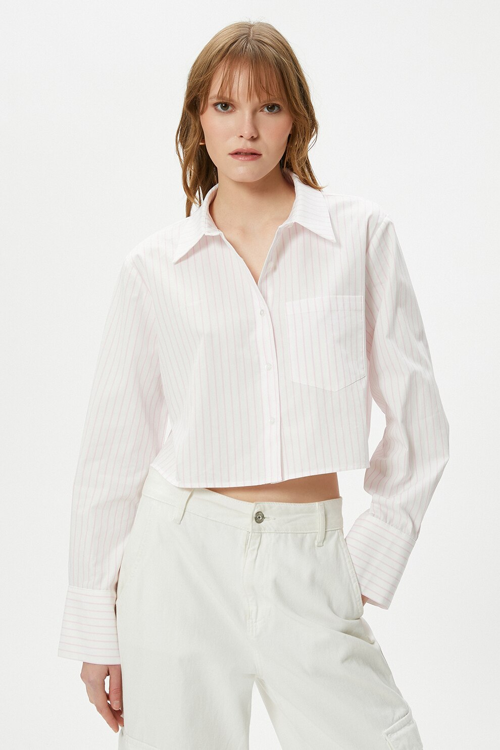 KOTON, Camasa crop cu model in dungi, Alb, Roz pal, 38