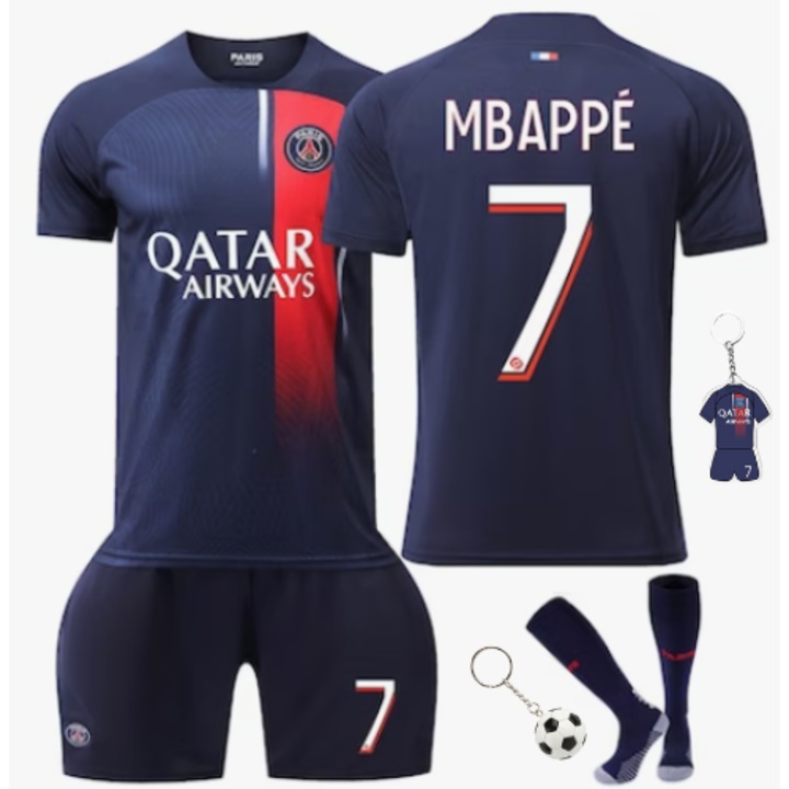 Echipament sportiv copii, Party Chili®, Tricou de fotbal Mbappe acasa la Paris, Sezonul 2024, Set de 5 piese, Poliester, Albastru, Albastru