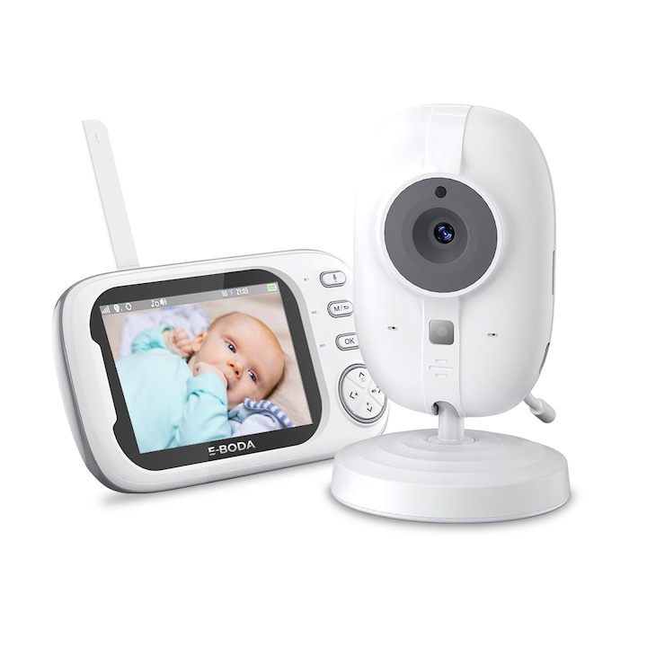 Безжичен бебефон за наблюдение на бебе E-Boda Sleep Guard, нощен режим, микрофон на камерата, микрофон на таблета, наблюдение на температурата, приспивни песни, 3,5" HD екран, бял
