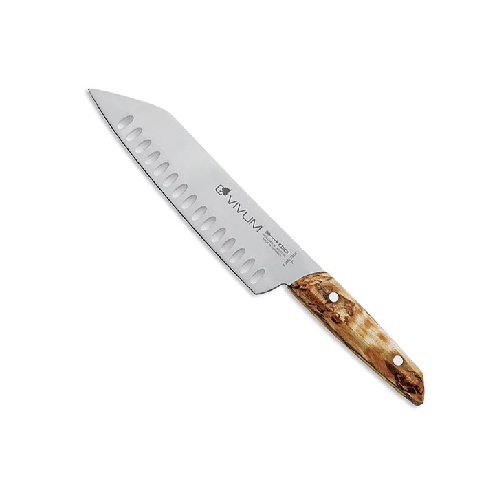 Cutit SANTOKU, F. DICK VIVUM, lama cu alveole, lungime 18 cm, maner din lemn de mesteacan, 8.3642.18K