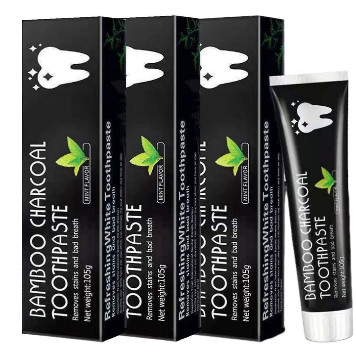 Szett, 3 x fogkrém fehérítéshez és méregtelenítéshez aktív bambusz szénnel, 105g