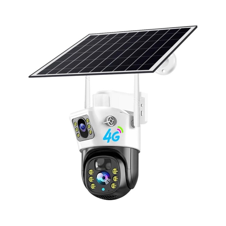 Camera de supraveghere Hongnaer VCS-09, 4G SIM, 4MP, incarcare solara, two-way audio, Micro SD card, dual lens, detectare miscare, night vision, rezistent la apa IP66, Built-in siren, Alb-Negru