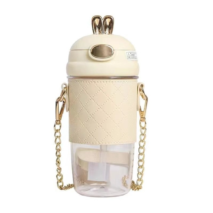 2DAYFIND® boroszilikát üvegpohár hideg és meleg italokhoz, felhajtható tetővel, szilikon szívószál, bőr tokkal, gyöngyház kiegészítővel és fém szíjjal, +4 bábu, táskaként hordható, gyerekeknek és felnőtteknek, 580 ml, bézs