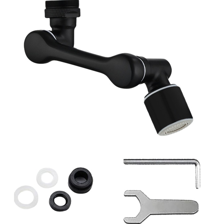 Cap adaptor robinet, Hggzeg, Rotire 1080 grade in orice directie, Cu brat adjustabil, accesorii, Doua moduri dus si bule, Prevenirea stropirii, Compatibil filet exterior/interior, Pentru baie si bucatarie, Cupru, Negru