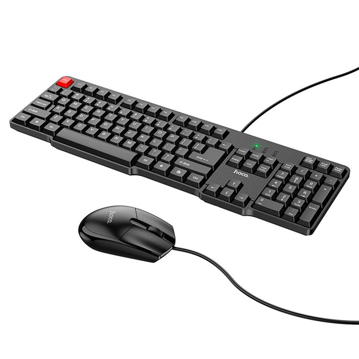 Set tastatura cu mouse, cu fir, ABS, conector USB, lungime cablu 1.5m, 104 taste, 2 butoane si o rotita, 1200DPI, Negru