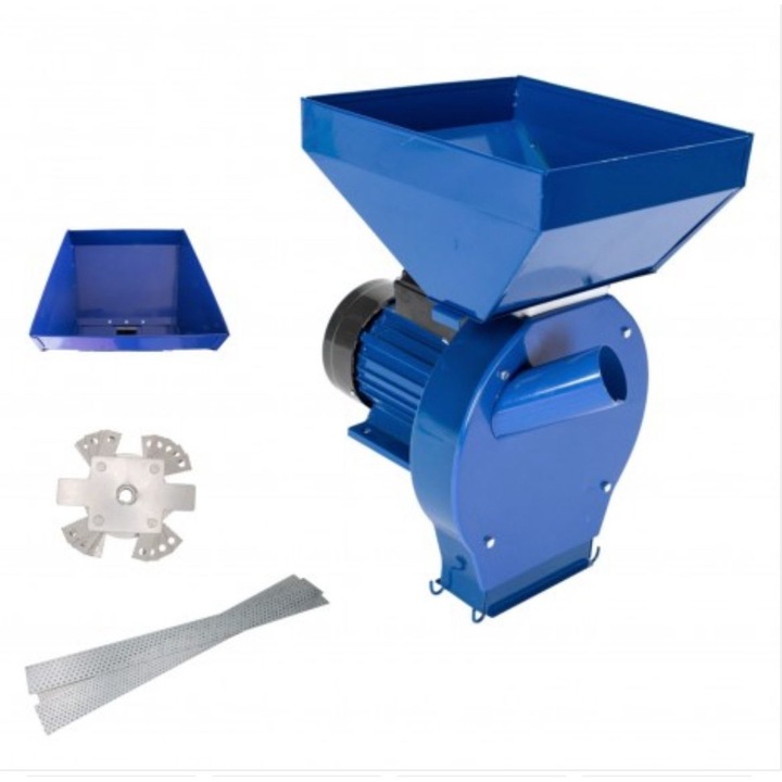 Moara electrica de mare putere, 3.9 kw, Monofazat, pentru cereale si stiuleti, 4 site cu diametrul gaurilor intre 2mm-5mm, 20 ciocanele, 3000 rot/min, bobinaj cupru, capacitate productie maxima pana la 300 kg/ora