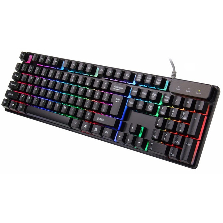 Геймърска клавиатура с RGB LED осветление, Превъзходно качество, USB Plug & Play интерфейс, Устойчивост на пръски, Регулируеми крачета, Продължителност на живота 15 милиона натискания, Дължина на кабела 125 см, Размери 43 см x 13 см x 2,5 см, Черен