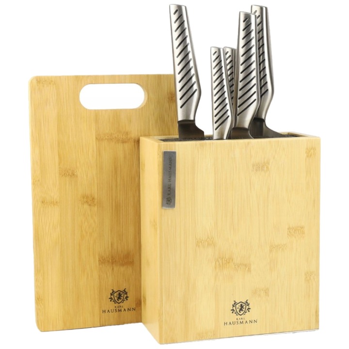 Set 5 cutite de bucatarie intr-un bloc, + placa de taiat, Karl Hausmann, Mauro2, lemn + inox