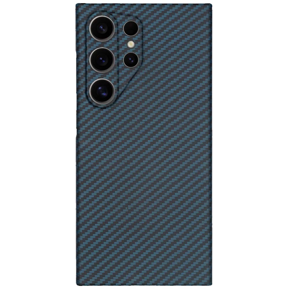 Husa fibra de carbon SILKASE pentru Samsung Galaxy S24 Ultra, aramid kevlar, protectie camera, negru/albastru
