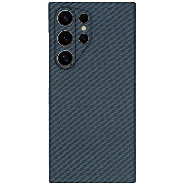 Husa fibra de carbon SILKASE pentru Samsung Galaxy S24 Ultra, aramid kevlar, protectie camera, negru/albastru