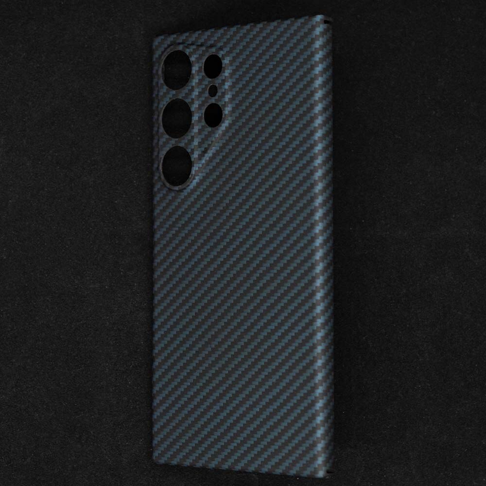 Husa fibra de carbon SILKASE pentru Samsung Galaxy S24 Ultra, aramid kevlar, protectie camera, negru/albastru
