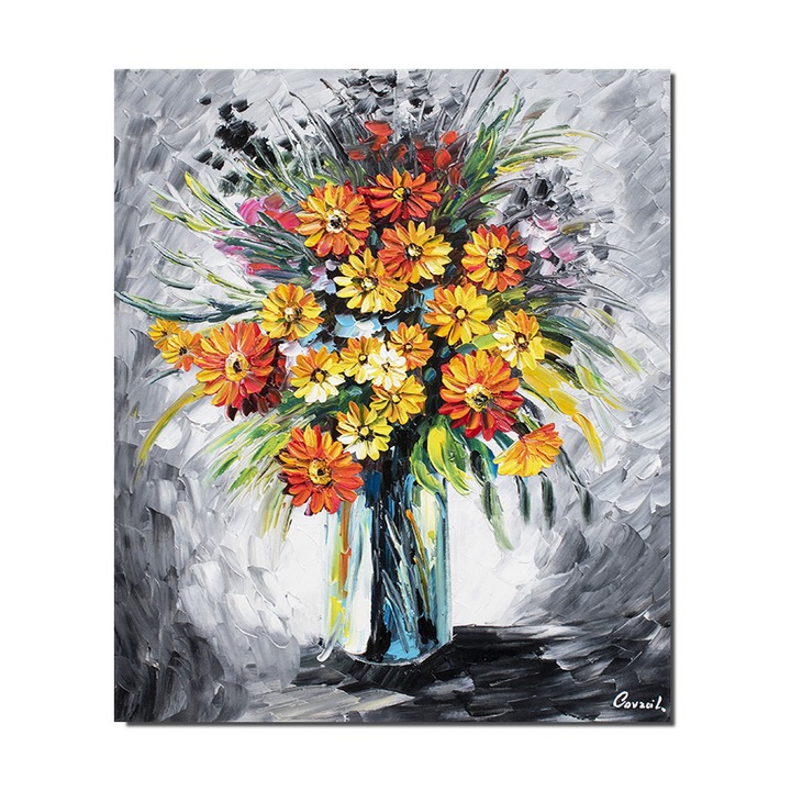 Tablou pictat manual living, hol, dormitor, Vaza cu galbenele, stilizat, 60x50cm ulei pe panza in cutit efect 3D